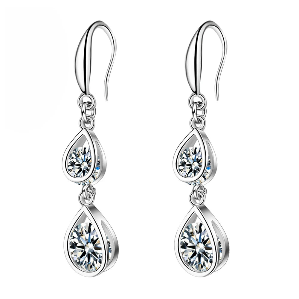 925 Sterling Silver Double Crystal Drop Earrings