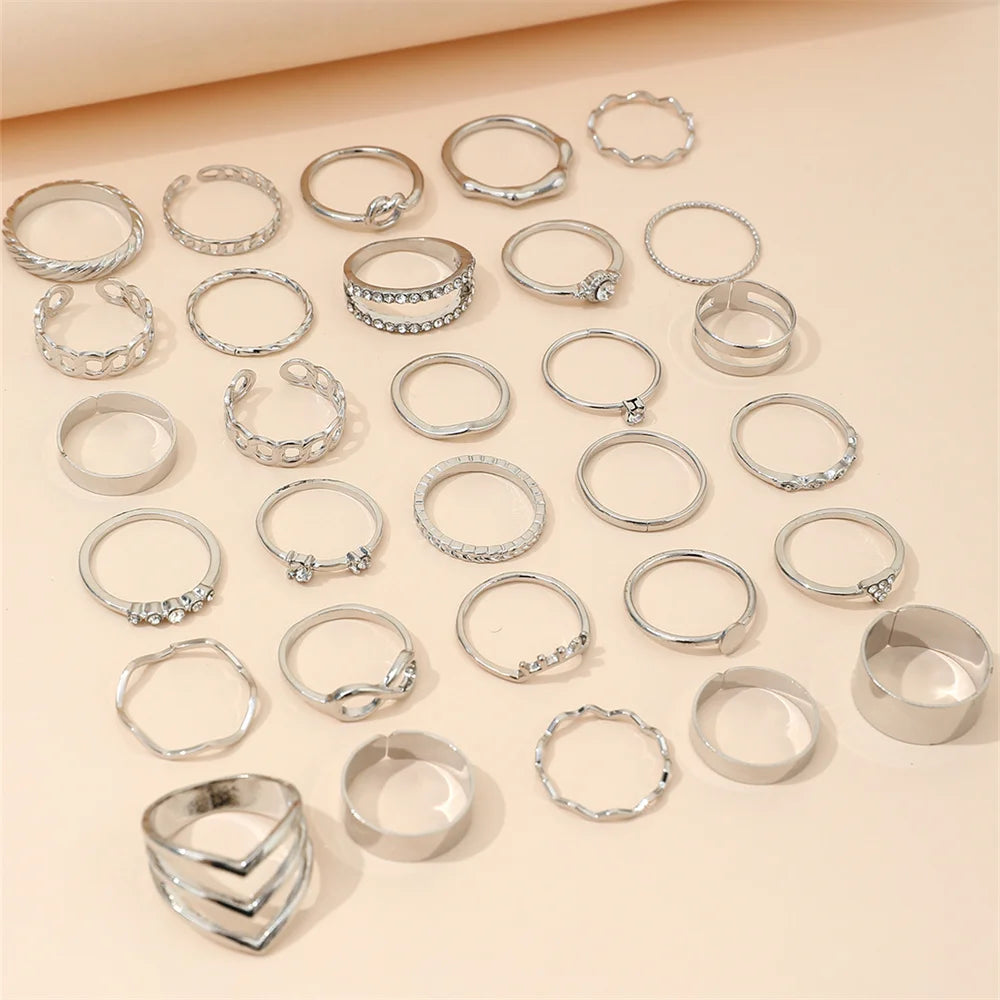 30-Piece Rhinestone Geometric Ring Set