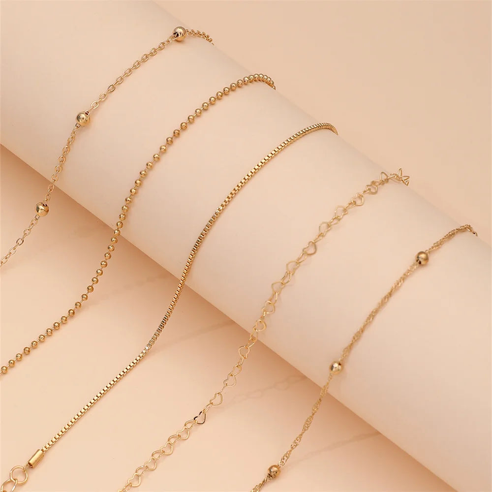 5-Piece Elegant Thin Chain & Beaded Bracelet Set