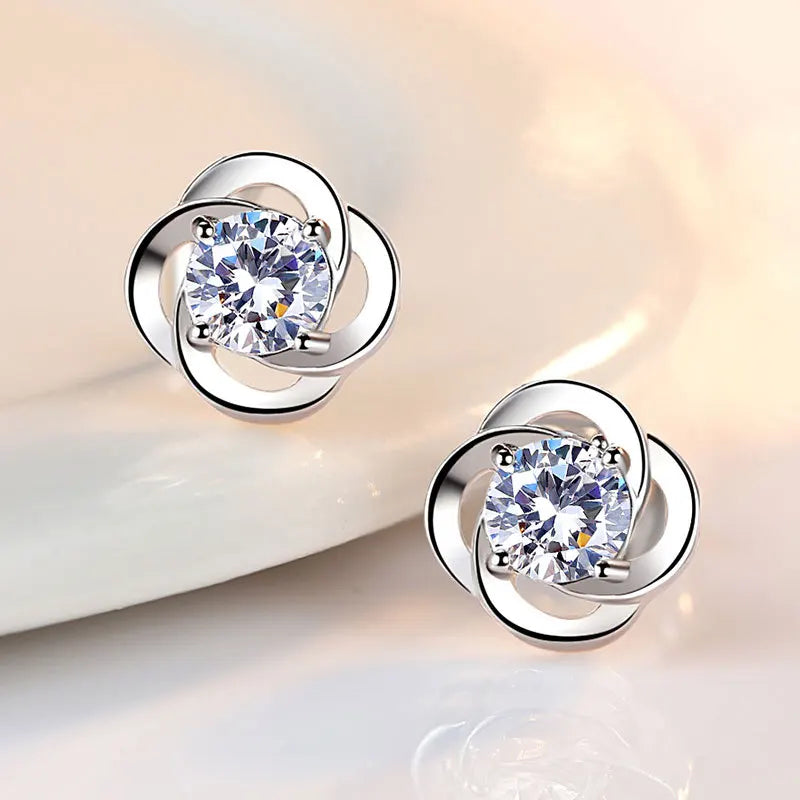 925 Silver Crystal Flower Stud Earrings