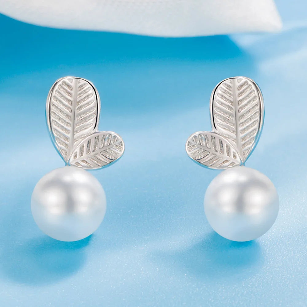 Leaf Pearl Stud Earrings with Freshwater Pearls