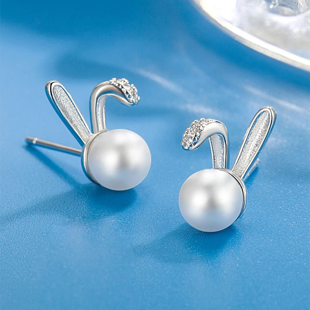 925 Sterling Silver Rabbit Pearl Stud Earrings