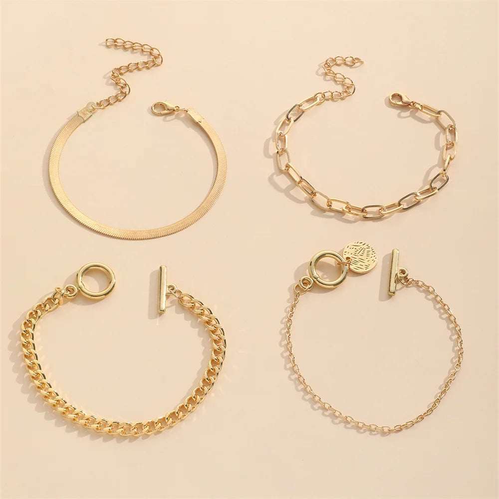 4-Piece Luxe Snake Chain & OT Buckle Bracelet Set