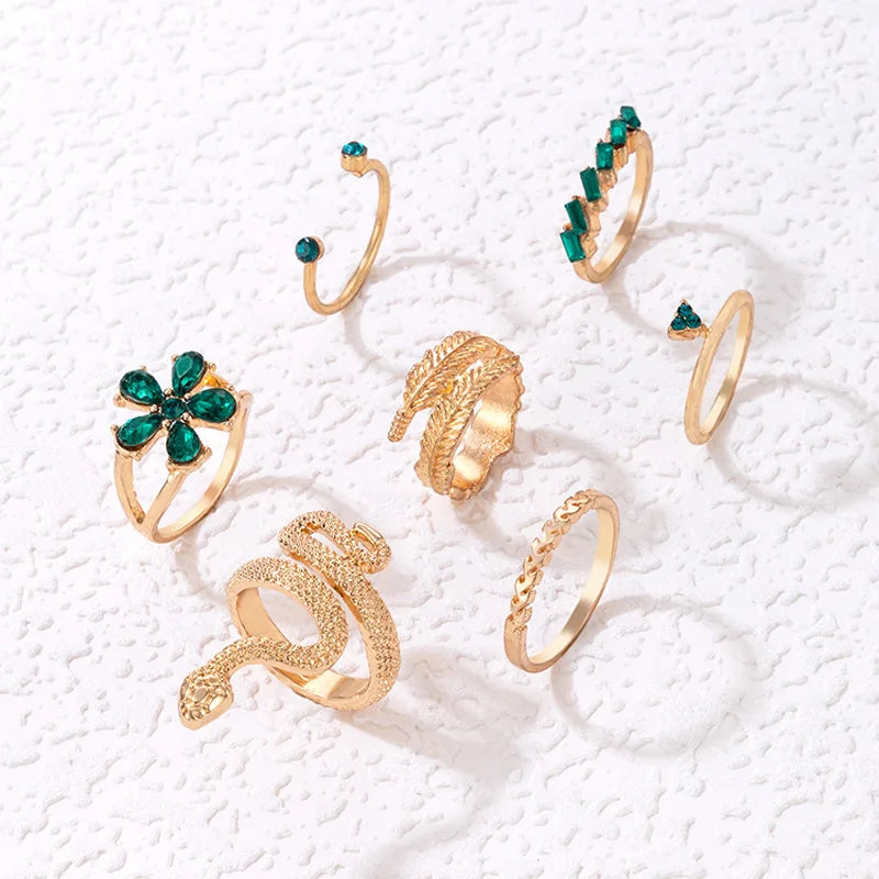 Geometric Snake & Leaf Green Crystal Knuckle Ring Set