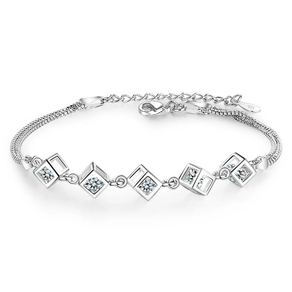 Elegant 925 Sterling Silver Rubik's Cube Love Bracelet for Women