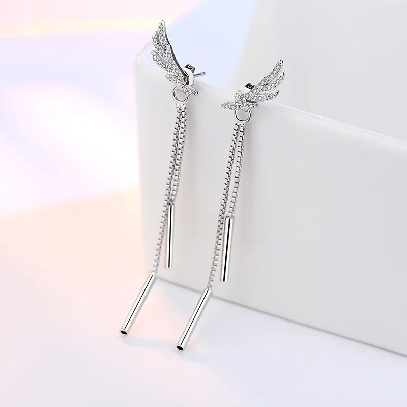 925 Sterling Silver Long Crystal Wing Earrings