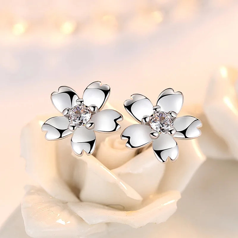 925 Sterling Silver Crystal Flower Stud Earrings