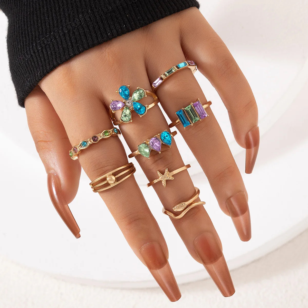 Colorful Crystal Geometric Snake & Heart Knuckle Ring Set