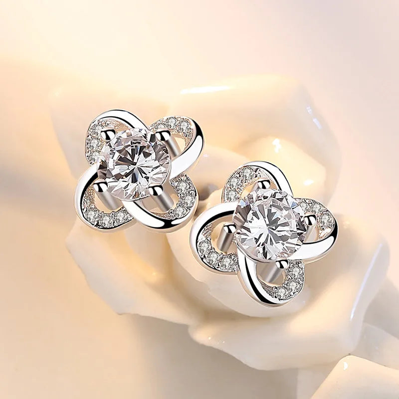 Elegant Flower Crystal 925 Sterling Silver Stud Earrings