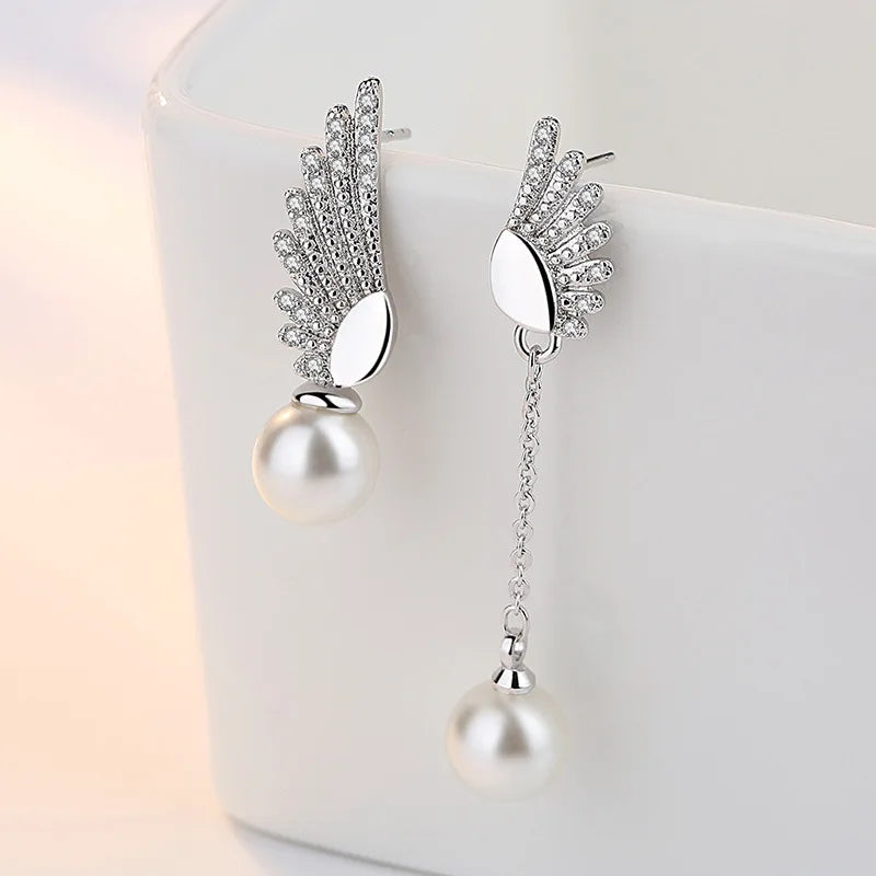 Sterling Silver Angel Wing Pearl Earrings