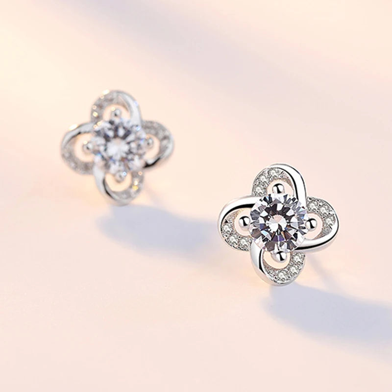 Elegant Flower Crystal 925 Sterling Silver Stud Earrings