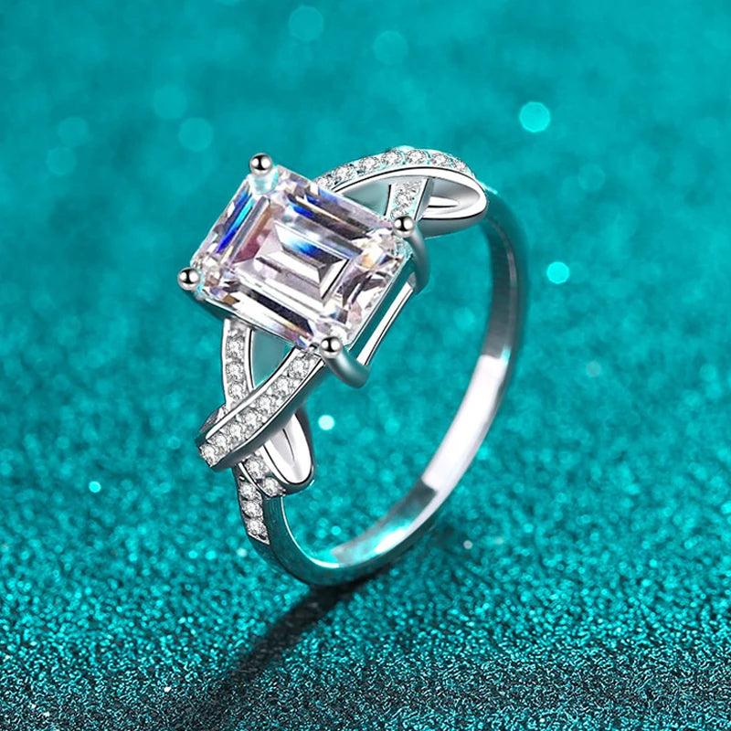 3CT Moissanite Emerald Cut Ring White Gold Plated