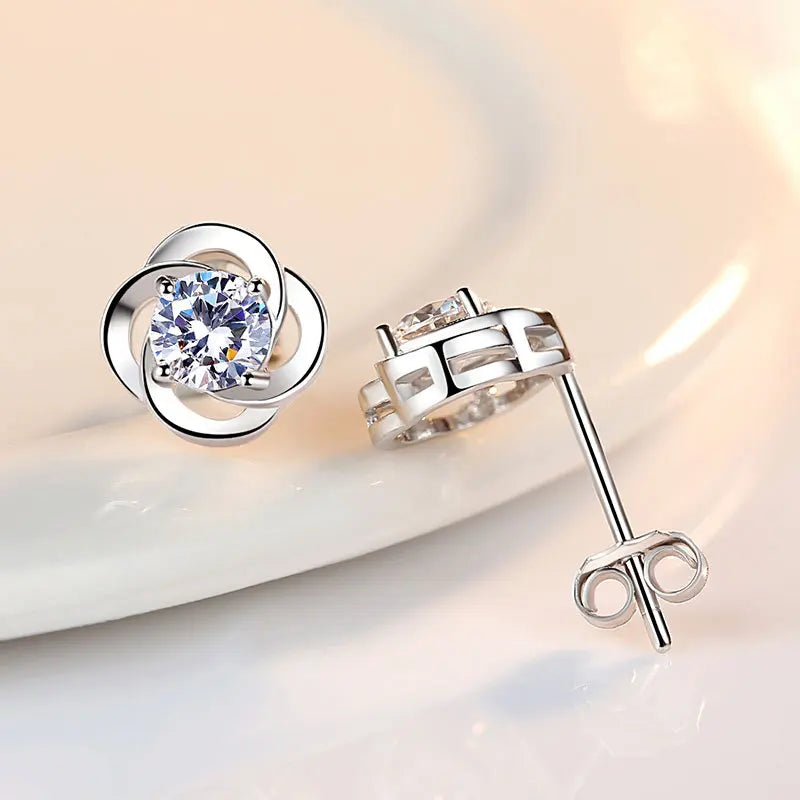 925 Silver Crystal Flower Stud Earrings