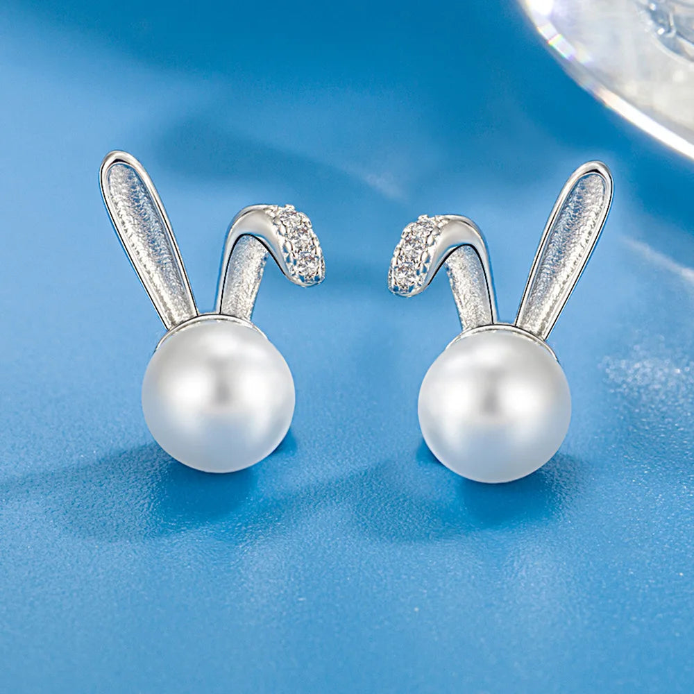 925 Sterling Silver Rabbit Pearl Stud Earrings