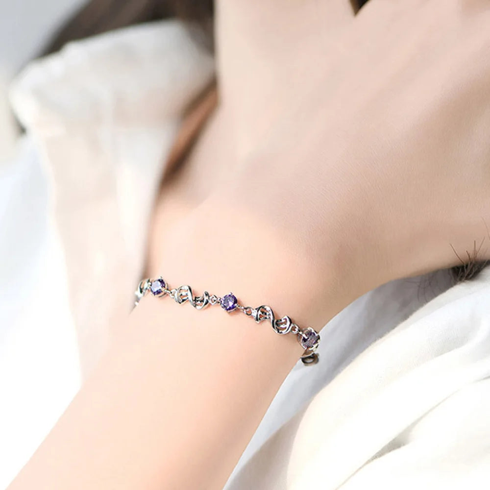 Sterling Silver Amethyst Red Bean Charm Bracelet