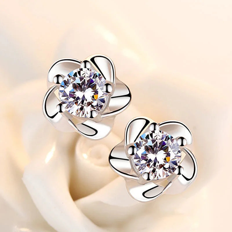 925 Sterling Silver Crystal Flower Stud Earrings