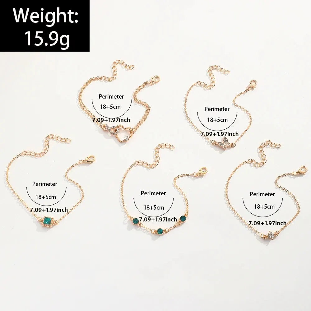 5-Piece Butterfly & Heart Rhinestone Bracelet Set