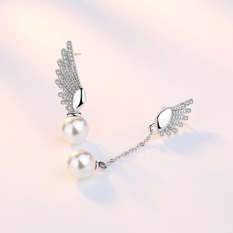 Sterling Silver Angel Wing Pearl Earrings