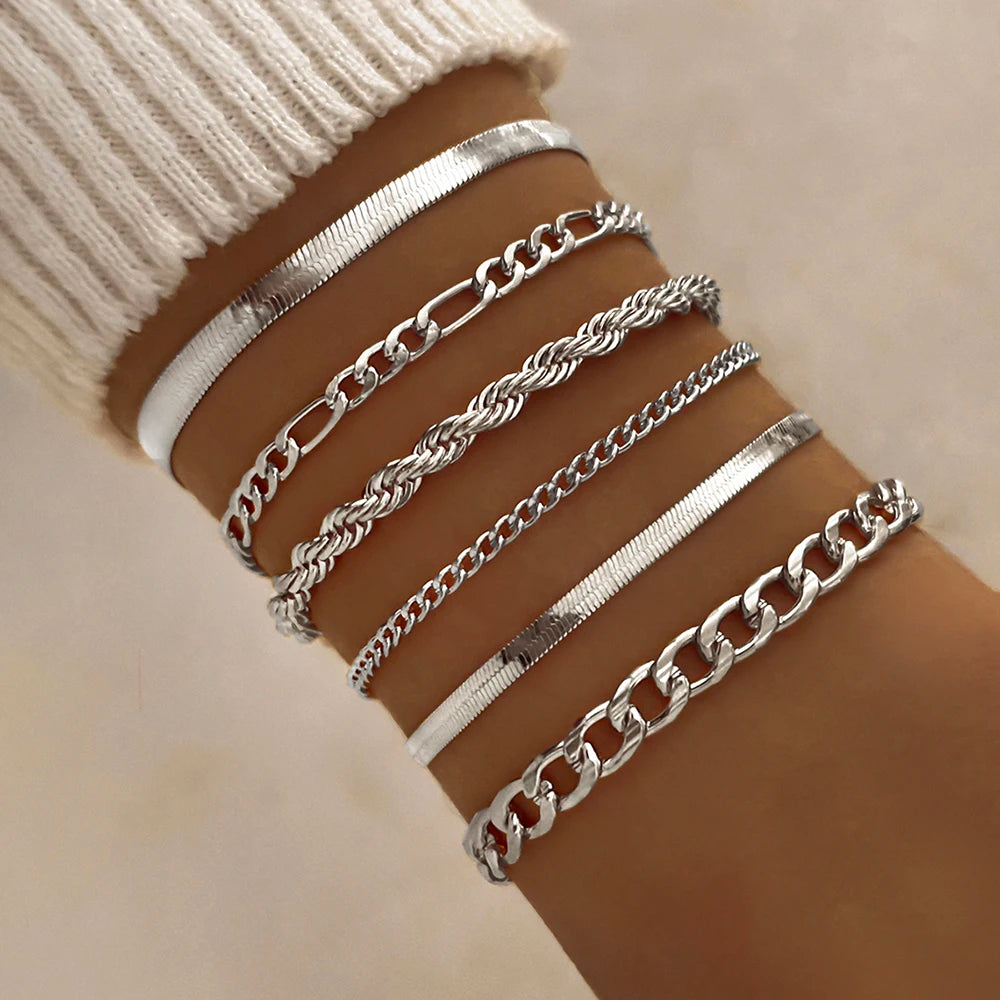 6-Piece Punk Twist & Hollow Chain Bracelet Set