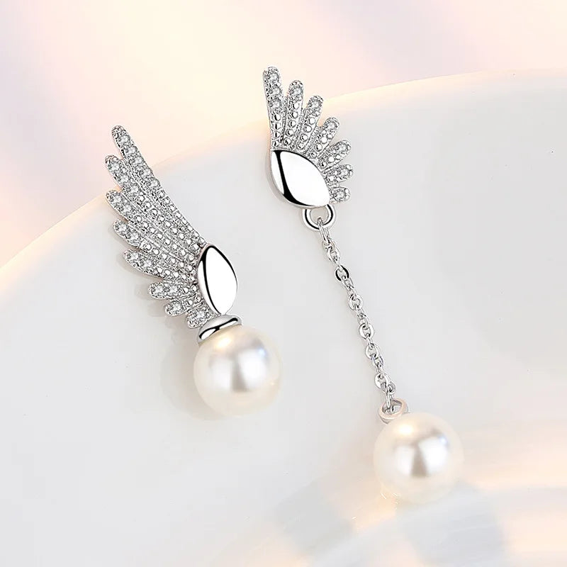 Sterling Silver Angel Wing Pearl Earrings