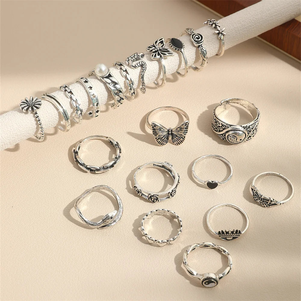 22-Piece Retro Tai Chi Butterfly Snake Ring Set