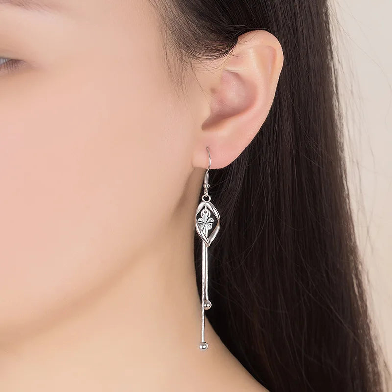 Sterling Silver Long Hollow Leaf Earrings