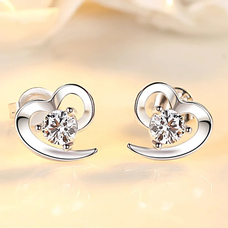 925 Sterling Silver Crystal Heart Stud Earrings