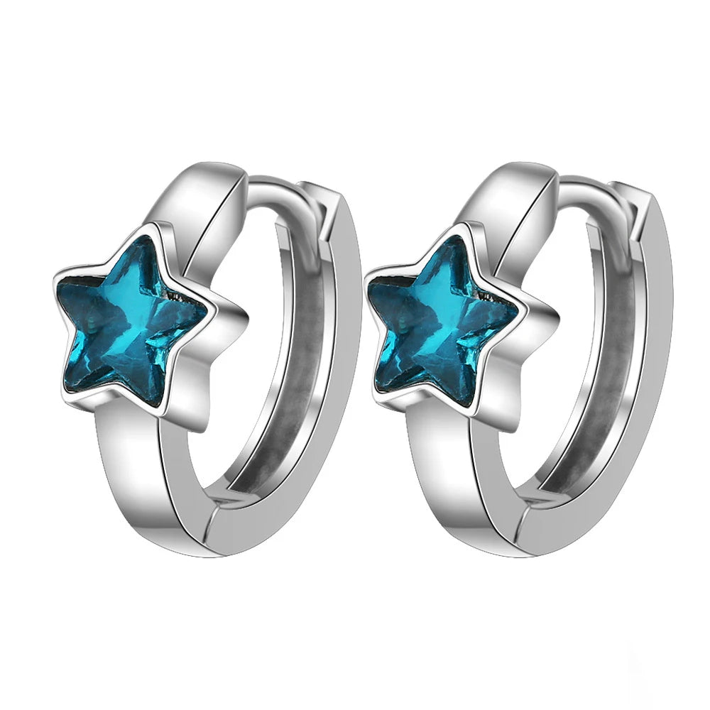 925 Sterling Silver Blue Crystal Star Hoop Earrings