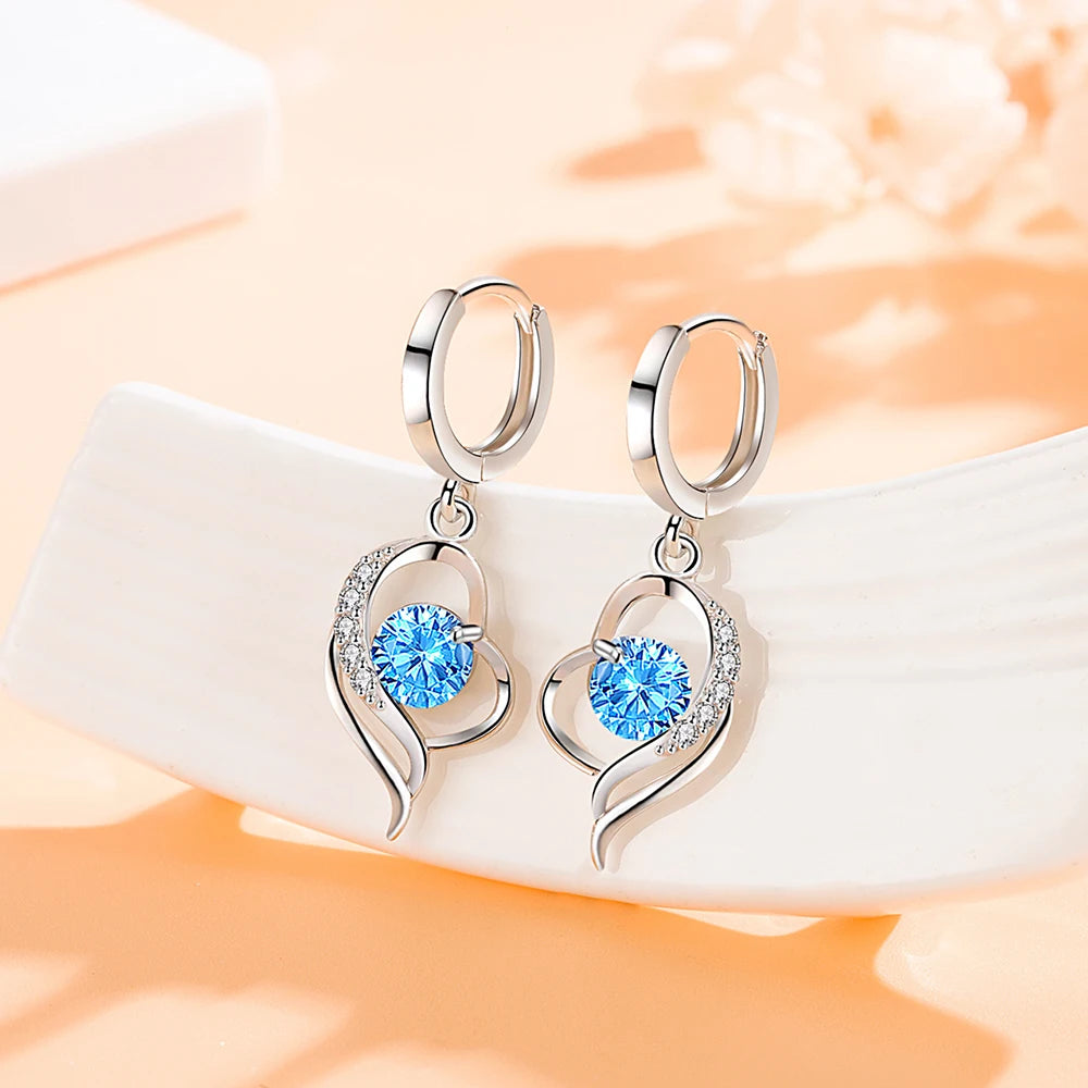 925 Silver Heart-Shaped Crystal Drop Earrings