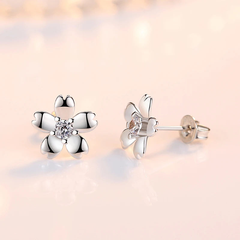 925 Sterling Silver Crystal Flower Stud Earrings