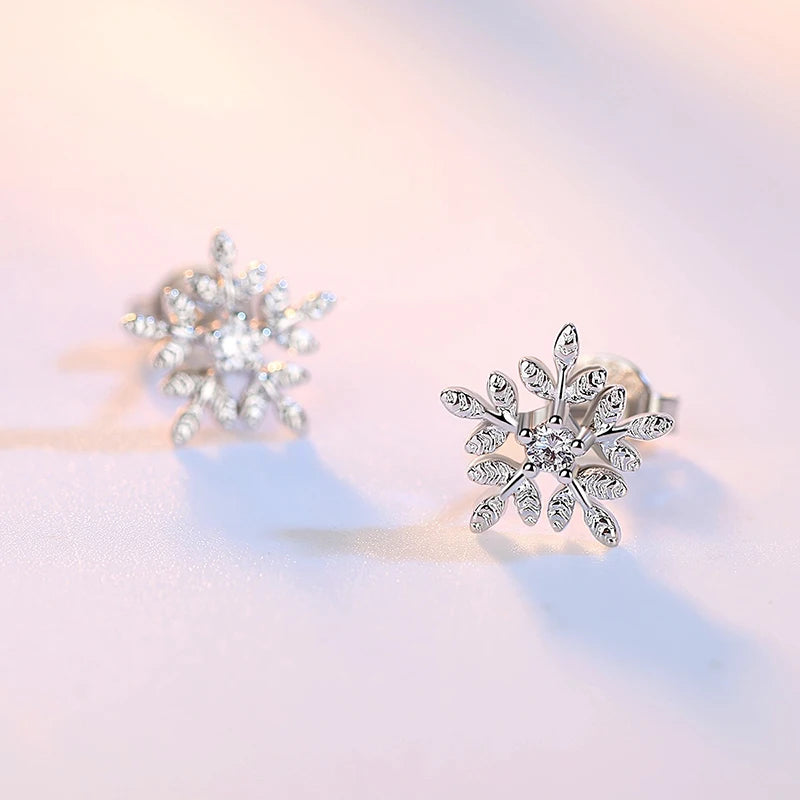 925 Sterling Silver Crystal Snowflake Stud Earrings