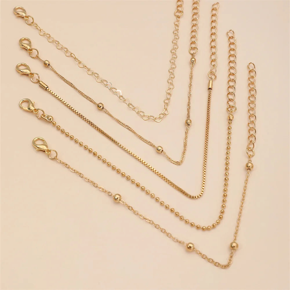 5-Piece Elegant Thin Chain & Beaded Bracelet Set