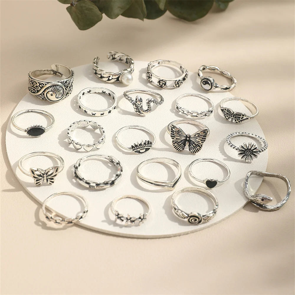 22-Piece Retro Tai Chi Butterfly Snake Ring Set