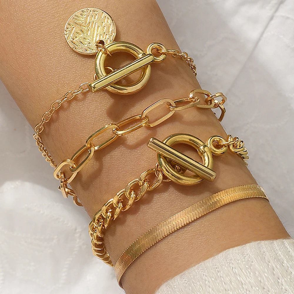 4-Piece Luxe Snake Chain & OT Buckle Bracelet Set