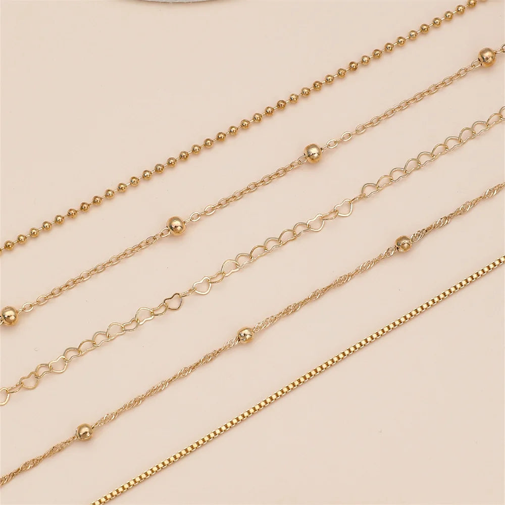 5-Piece Elegant Thin Chain & Beaded Bracelet Set