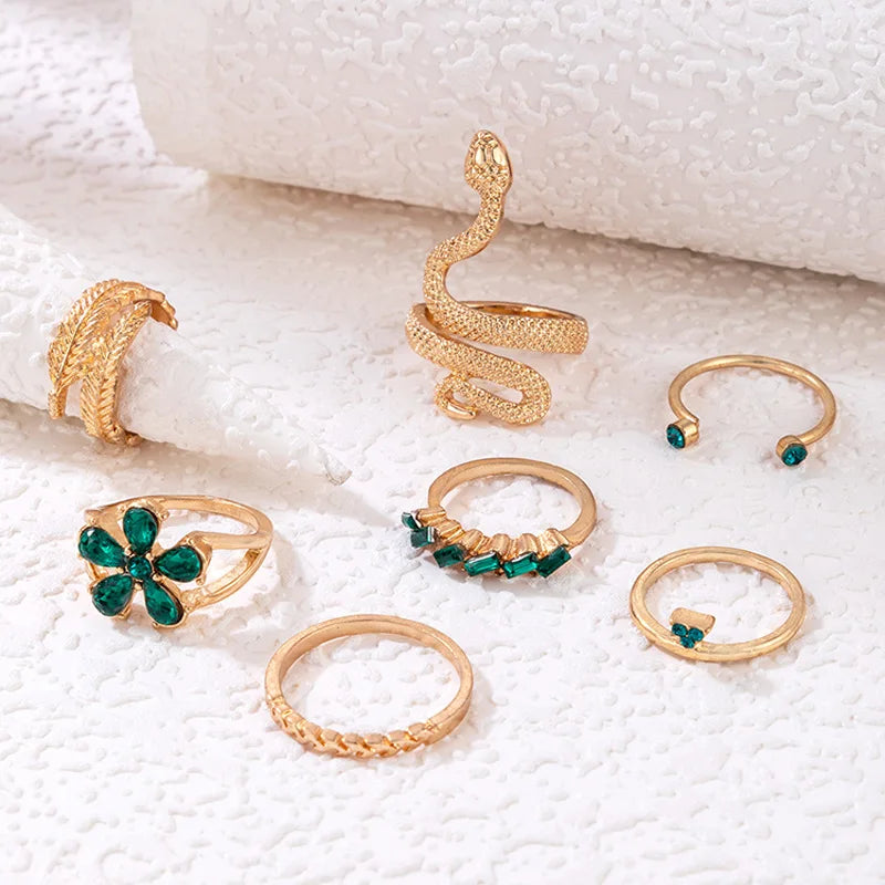 Geometric Snake & Leaf Green Crystal Knuckle Ring Set