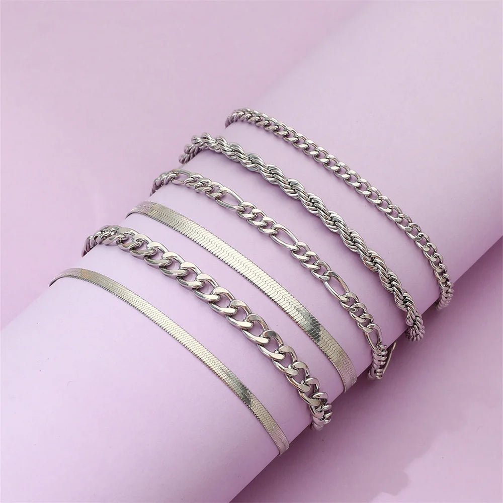 6-Piece Punk Twist & Hollow Chain Bracelet Set