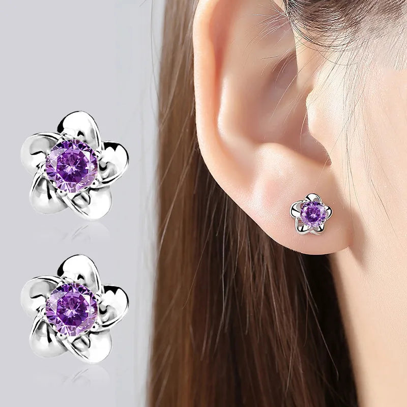 925 Sterling Silver Crystal Flower Stud Earrings