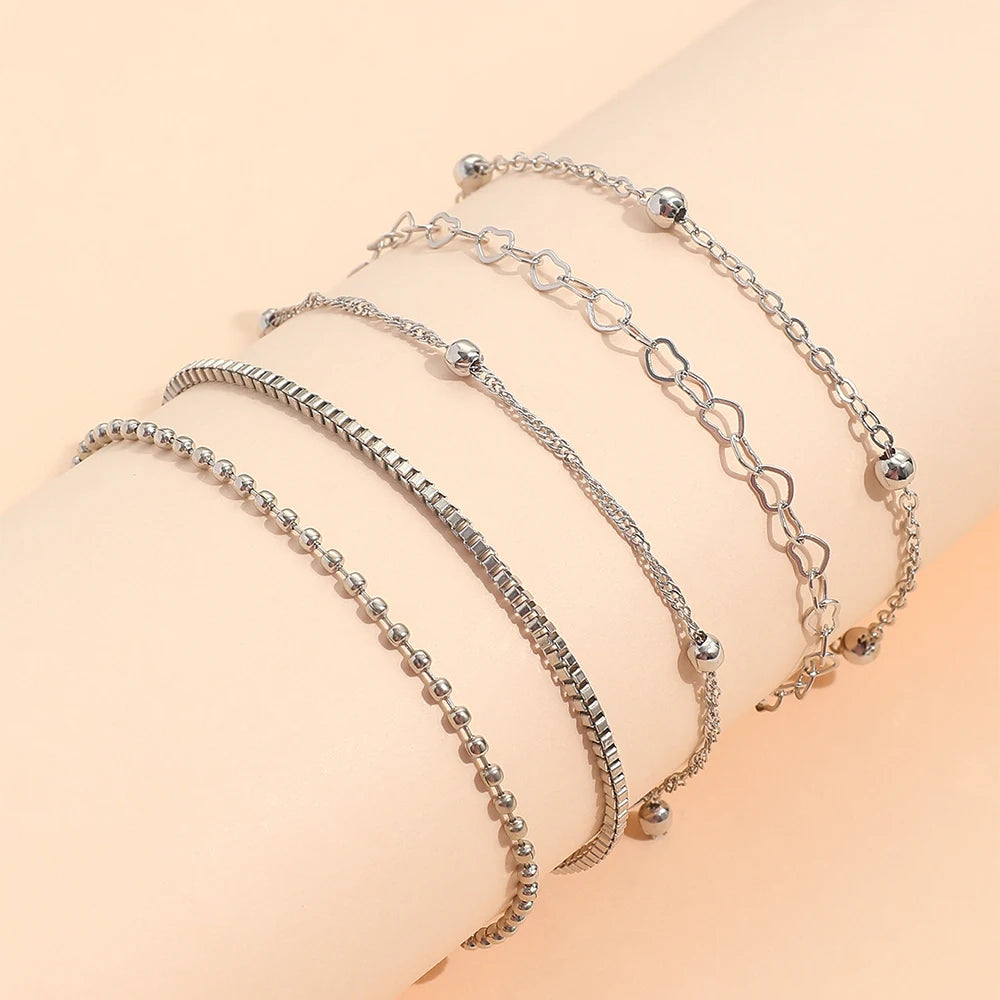 5-Piece Elegant Thin Chain & Beaded Bracelet Set