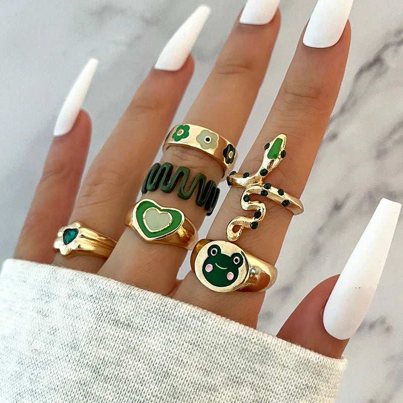 Bohemian Green Enamel Snake & Heart Ring Set