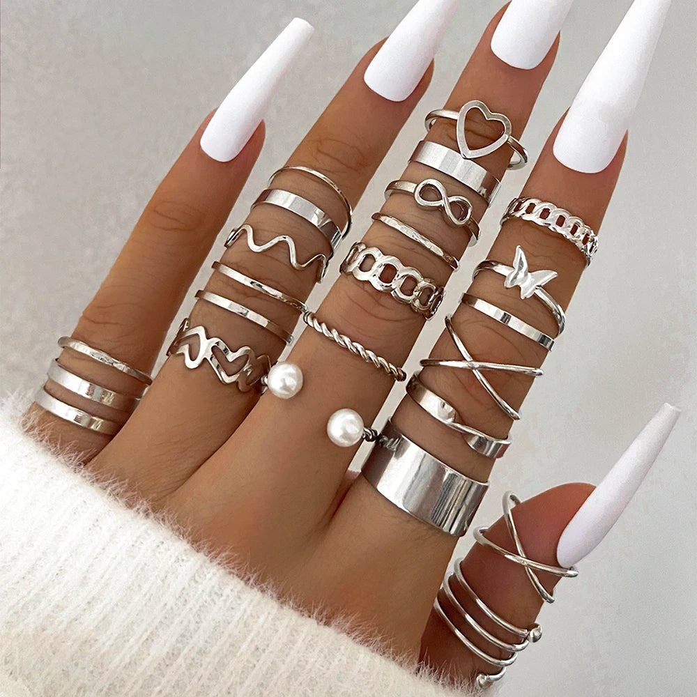 22-Piece Vintage Pearl & Geometric Ring Set