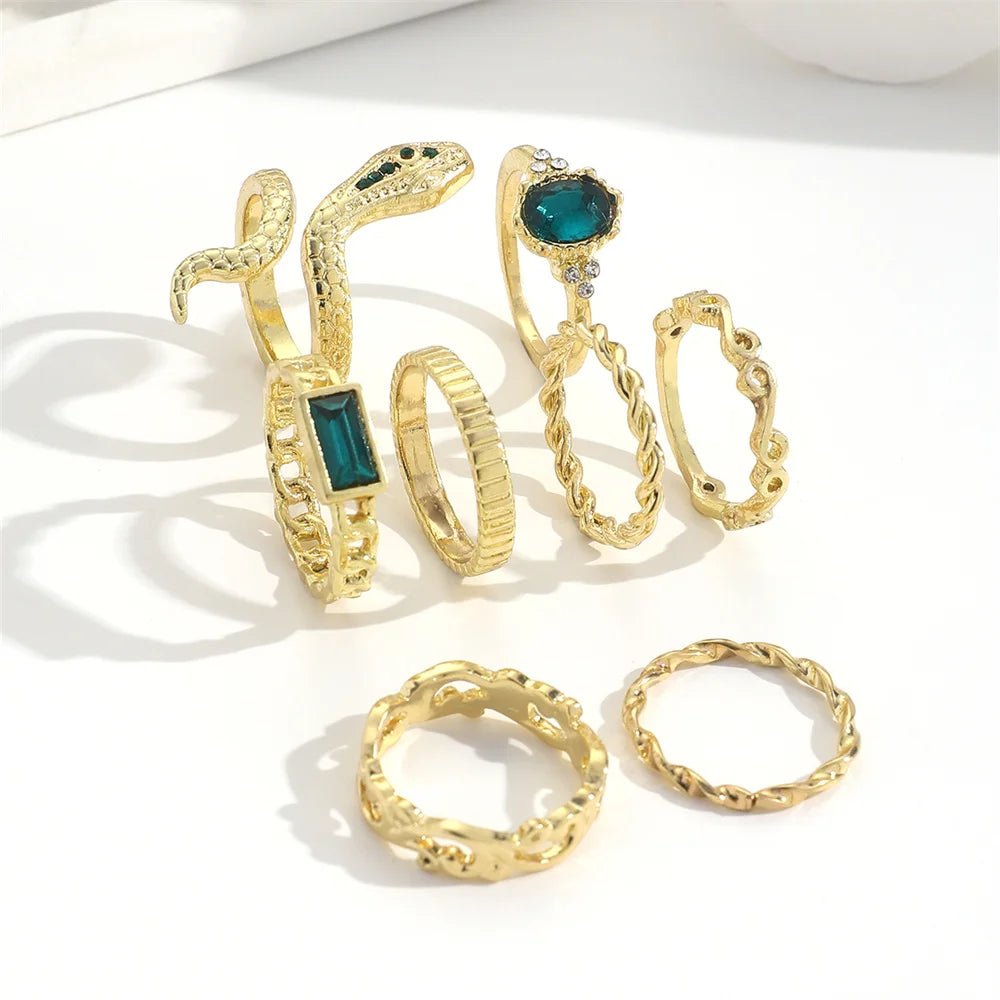 8-Piece Vintage Faux Gemstone Snake Ring Set