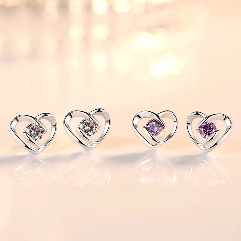 Sterling Silver Heart Crystal Stud Earrings