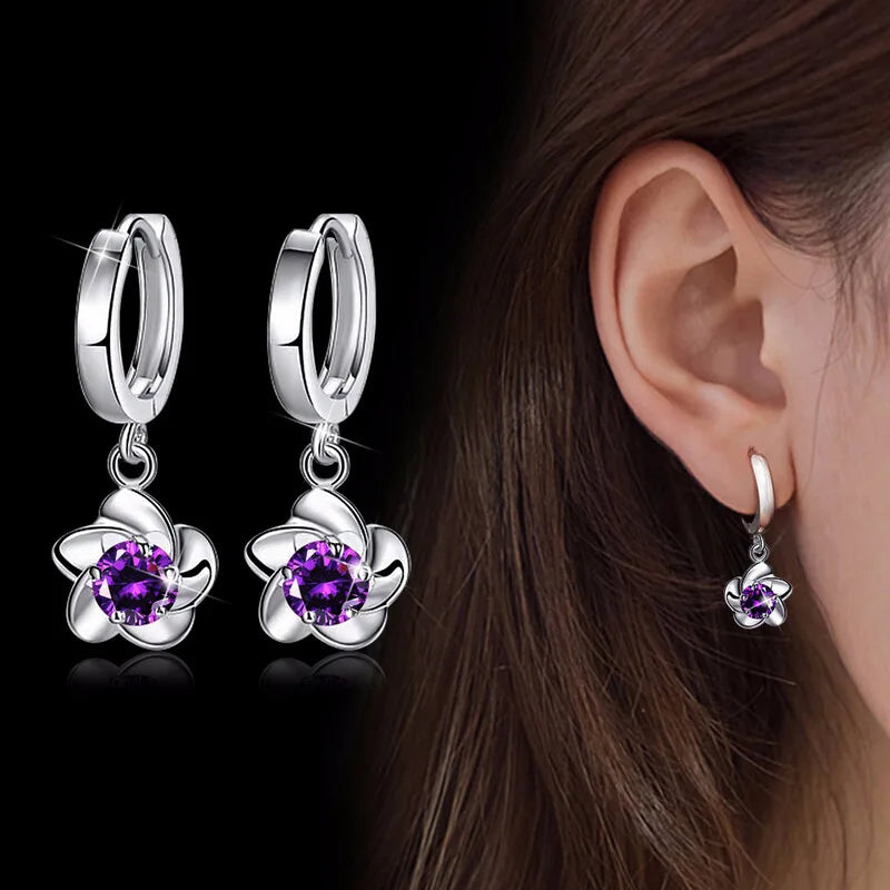 925 Silver Crystal Flower Drop Earrings