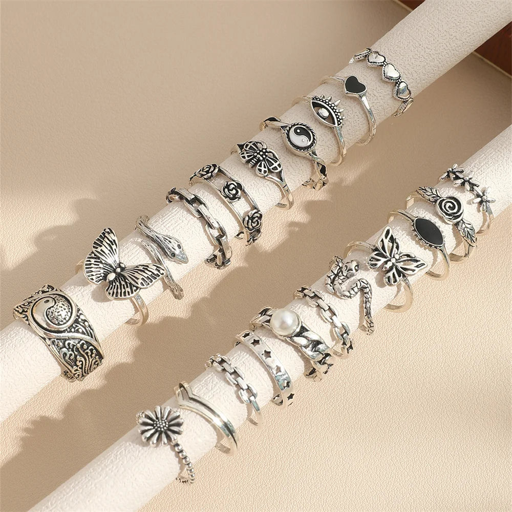 22-Piece Retro Tai Chi Butterfly Snake Ring Set