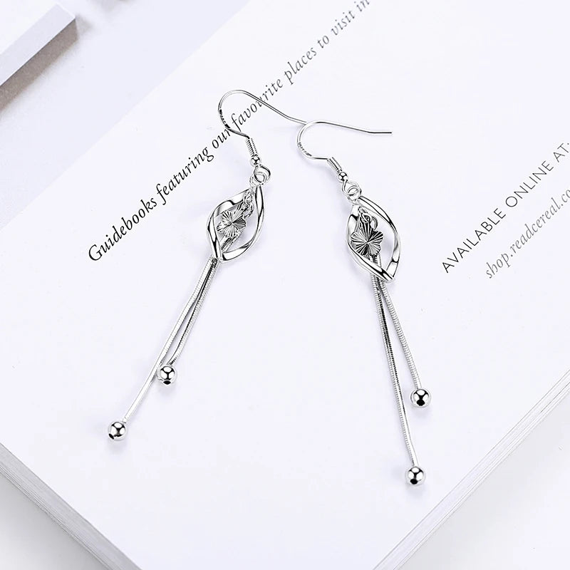 Sterling Silver Long Hollow Leaf Earrings