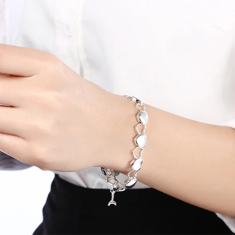 925 Sterling Silver Heart Link Bracelet for Women