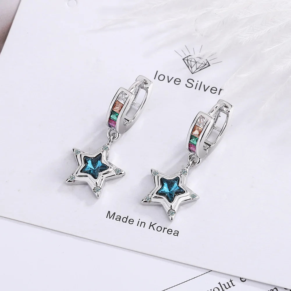 925 Sterling Silver Star Crystal Drop Earrings