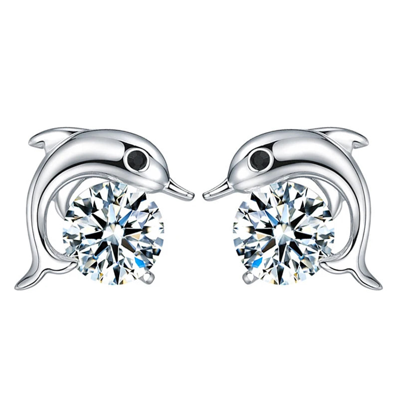 925 Sterling Silver Dolphin Crystal Stud Earrings