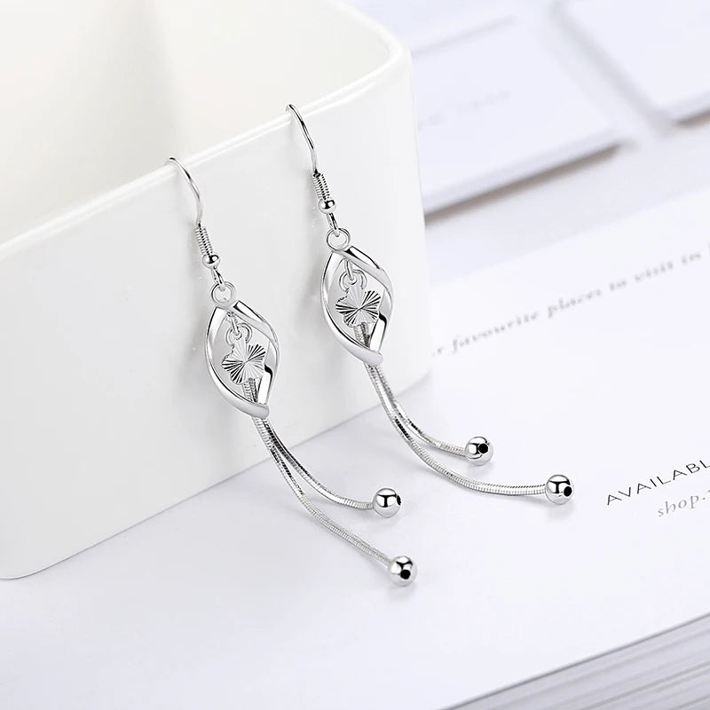 Sterling Silver Long Hollow Leaf Earrings